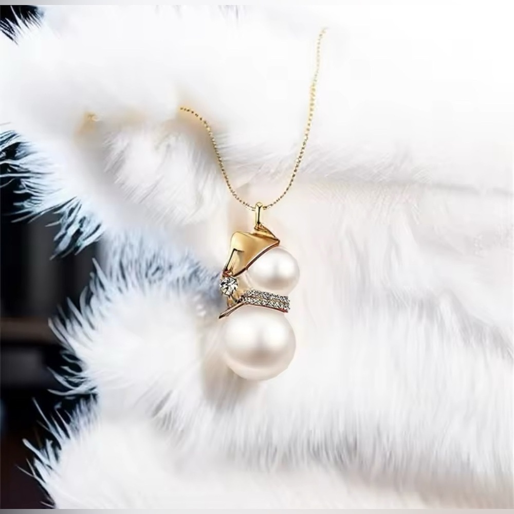 18K Gold & Pearl Snowman With Diamond Accent Pendantt Sweater Necklace - Picture 3 of 11